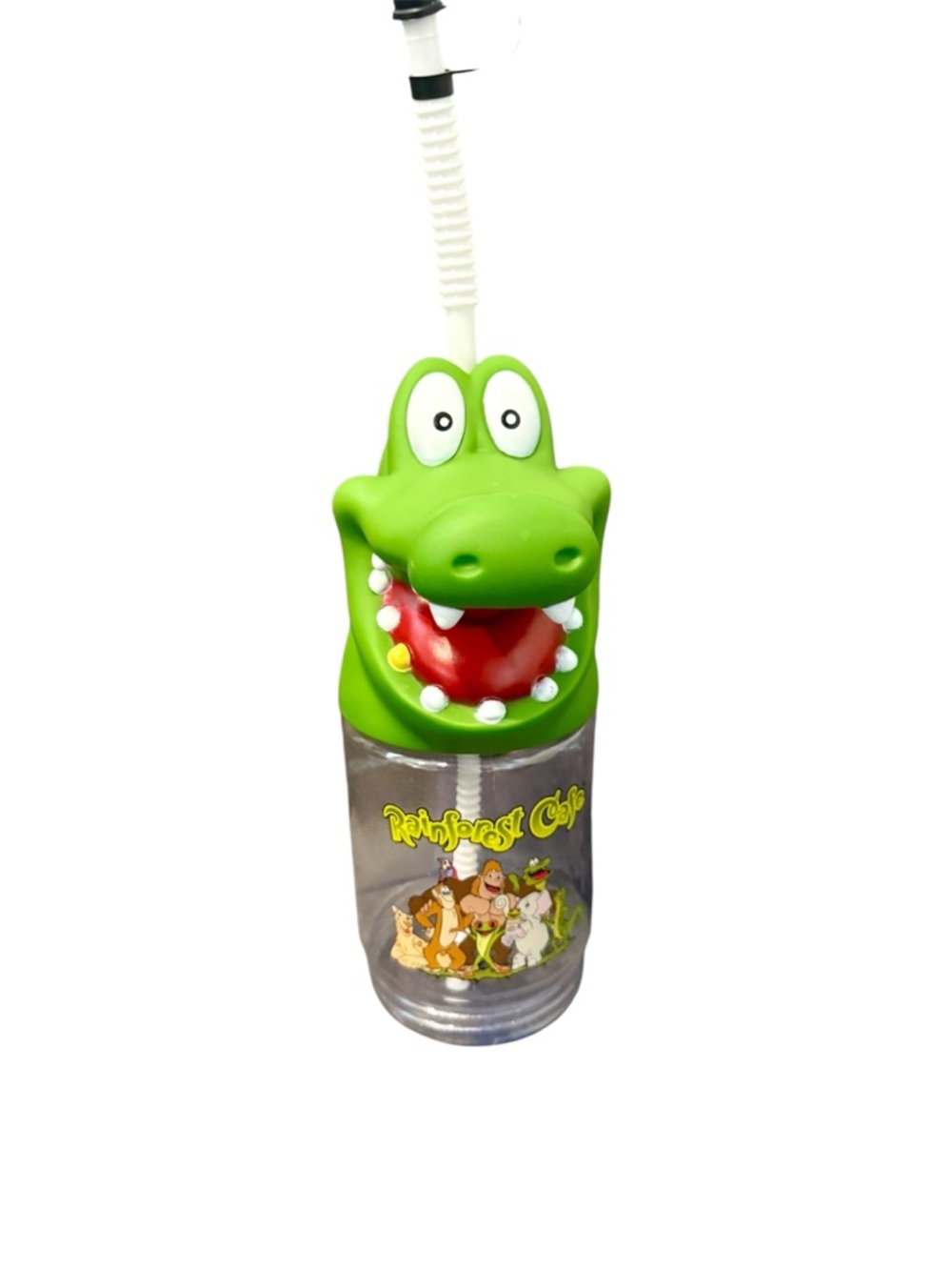 Cute Disney Rainforest Cafe Green Crocodile Drink Cup with Straw, plastic.